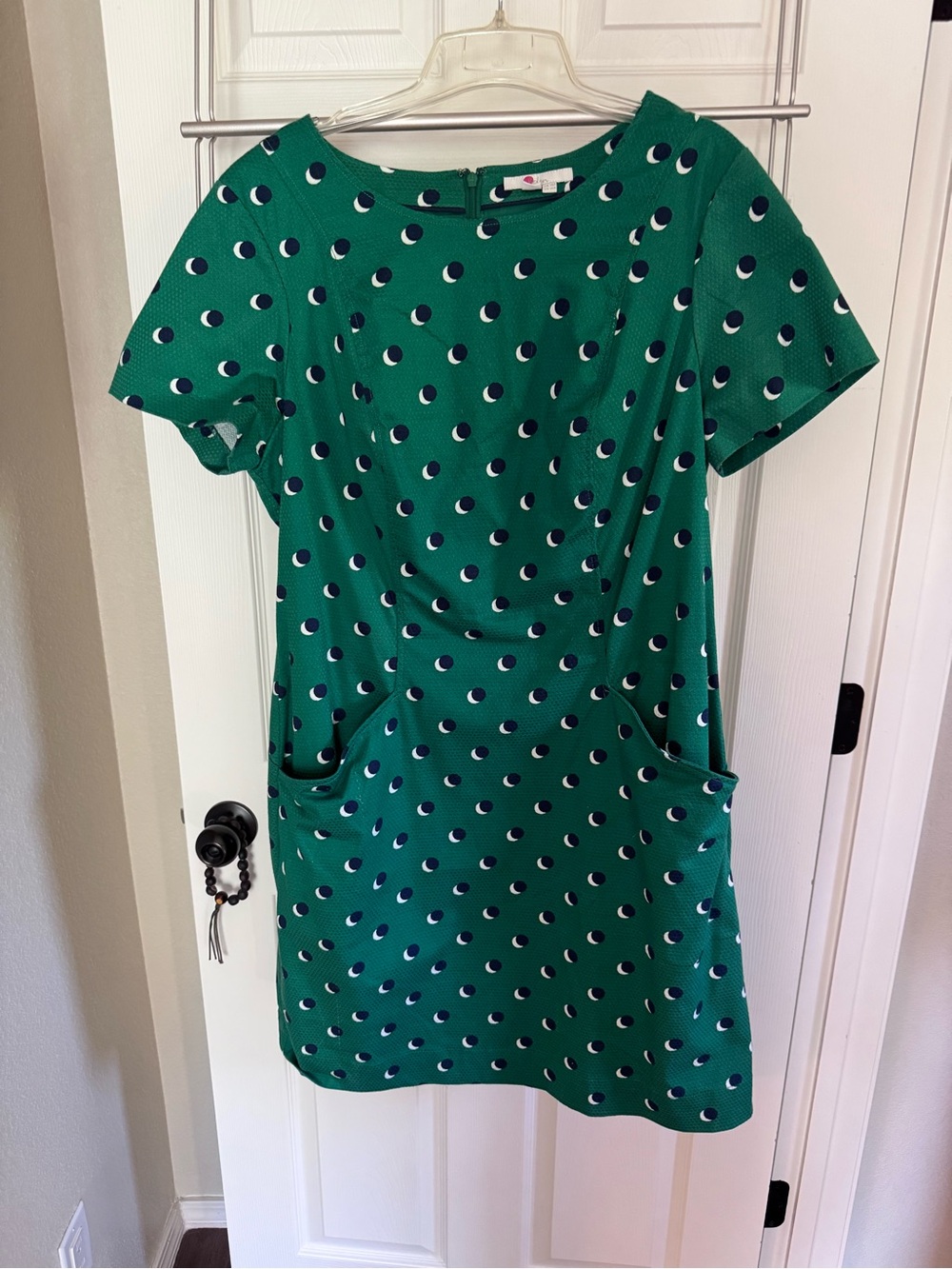 Boden Emerald Green Short Sleeve Midi Dress with Navy and White Dot Print